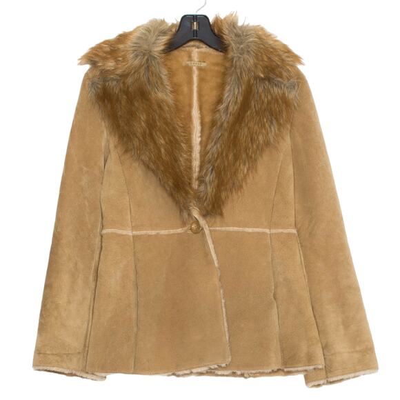 Guess Jacket Leather Suede Faux Fur Boho Cottage Minimalist 70s Cozy Brown Small - Picture 1 of 12